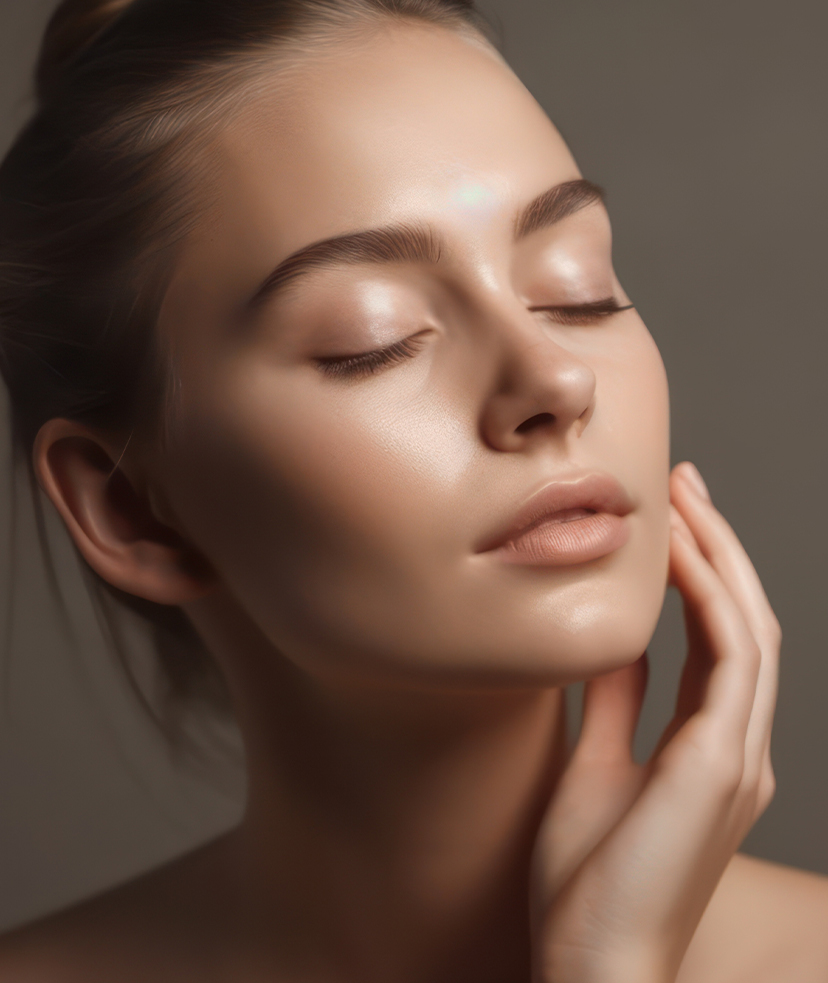 Photo of a woman with great skin touching her face