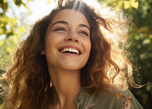 Photo of a woman with great skin, surrounded by sunlight and greenery